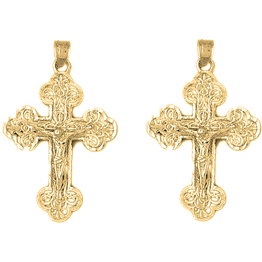 Yellow Gold-plated Silver 37mm Budded Crucifix Earrings