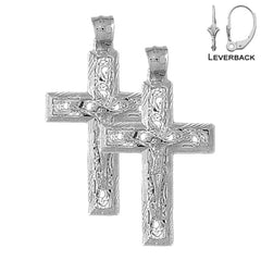 Sterling Silver 46mm Vine Crucifix Earrings (White or Yellow Gold Plated)