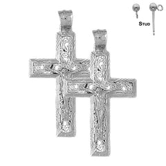 Sterling Silver 46mm Vine Crucifix Earrings (White or Yellow Gold Plated)