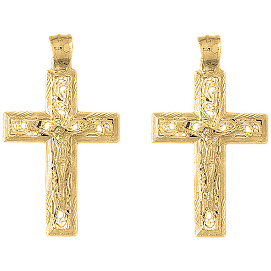 Yellow Gold-plated Silver 46mm Vine Crucifix Earrings