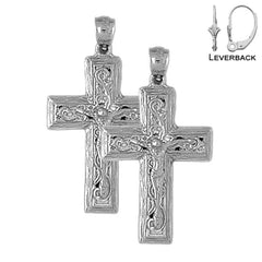 Sterling Silver 36mm Vine Crucifix Earrings (White or Yellow Gold Plated)