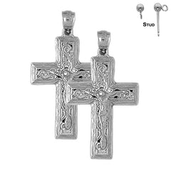 Pendientes de crucifijo de vid de plata de ley de 36 mm (chapados en oro blanco o amarillo)