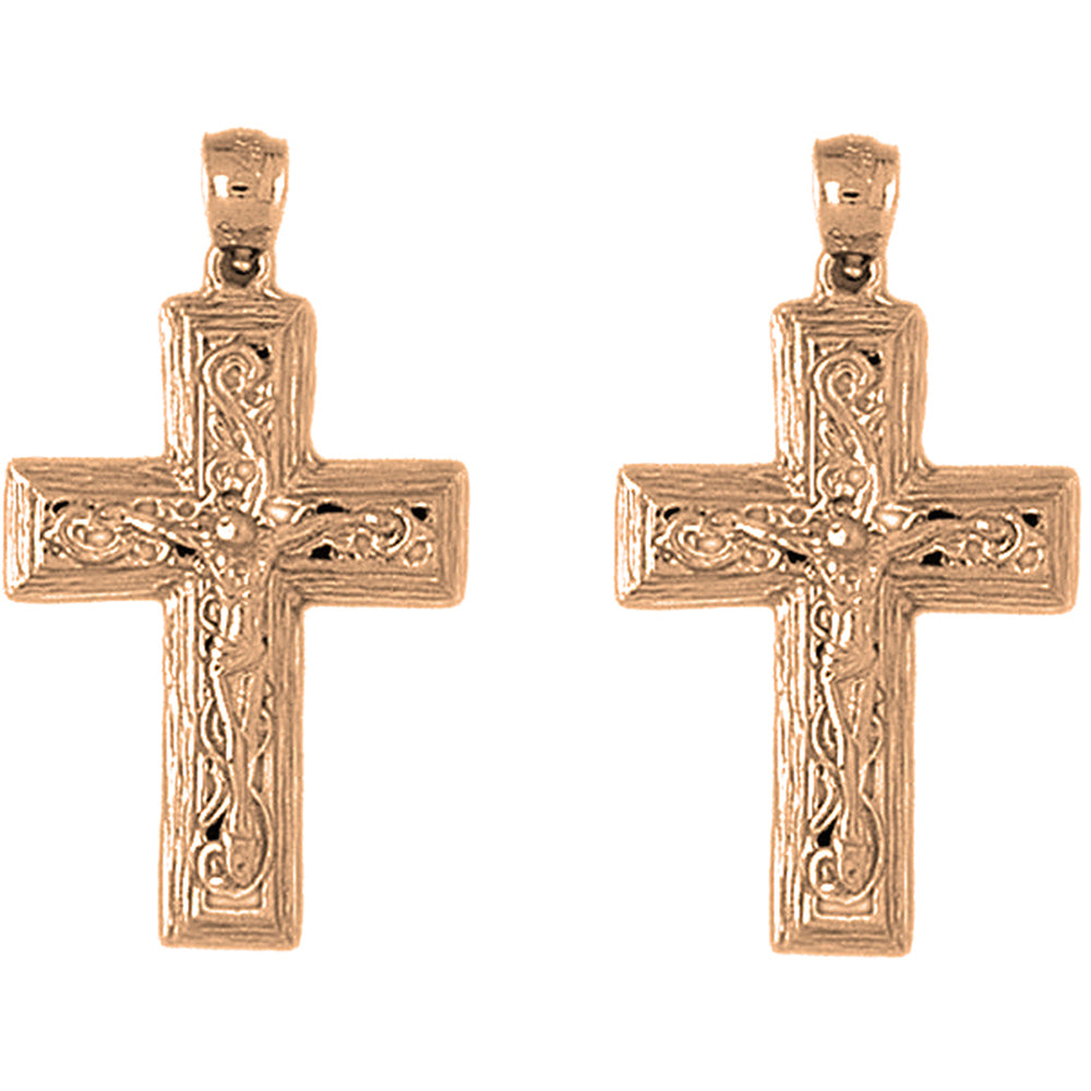 14K or 18K Gold 36mm Vine Crucifix Earrings