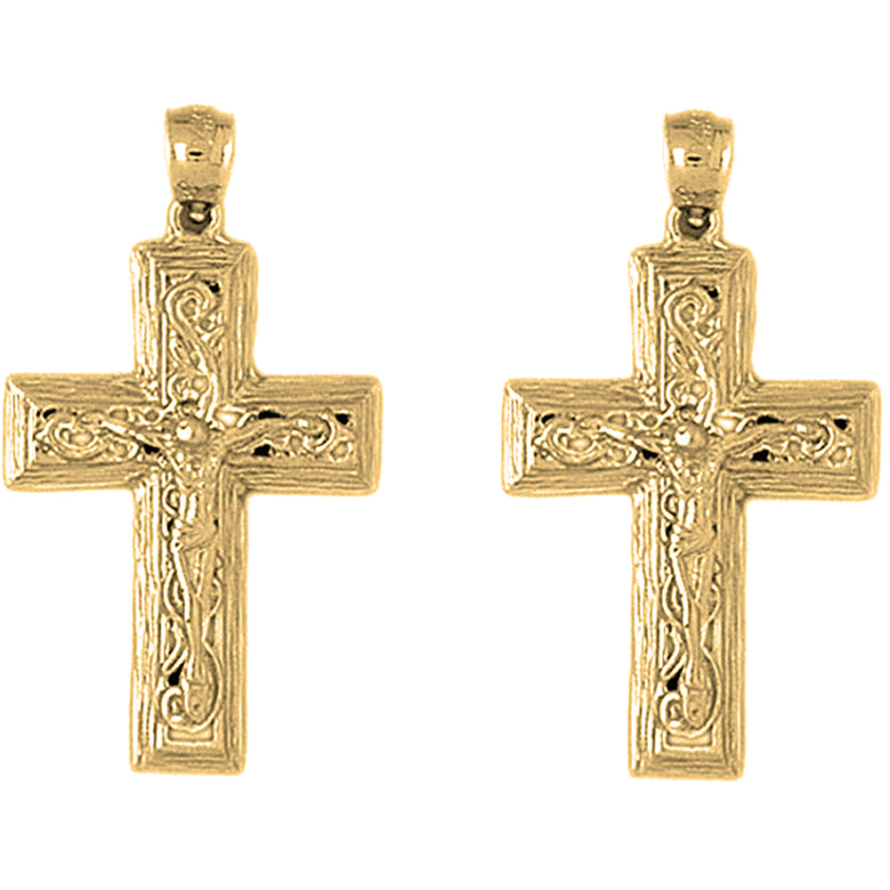 14K or 18K Gold 36mm Vine Crucifix Earrings