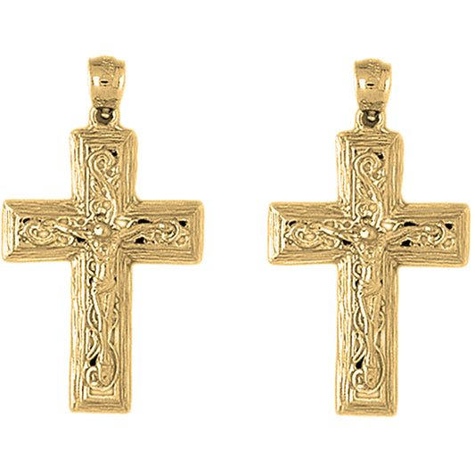 Yellow Gold-plated Silver 36mm Vine Crucifix Earrings