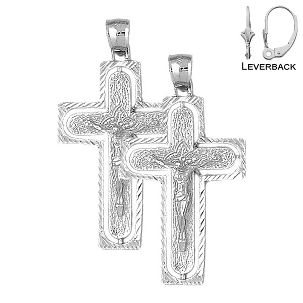 Sterling Silver 49mm Routed Crucifix Earrings (White or Yellow Gold Plated)