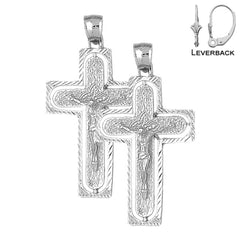 Sterling Silver 49mm Routed Crucifix Earrings (White or Yellow Gold Plated)