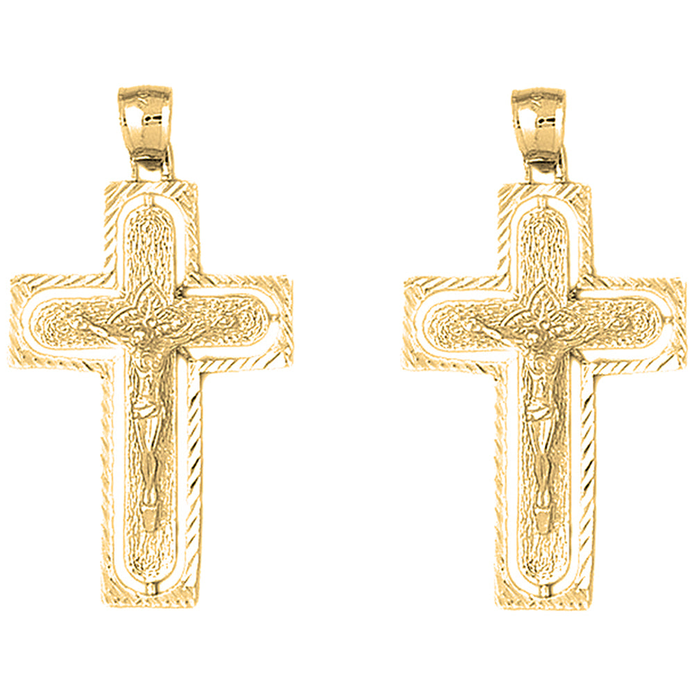 Yellow Gold-plated Silver 49mm Routed Crucifix Earrings