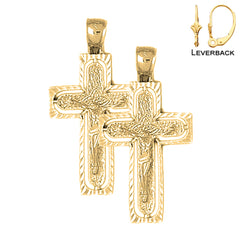 Sterling Silver 37mm Routed Crucifix Earrings (White or Yellow Gold Plated)