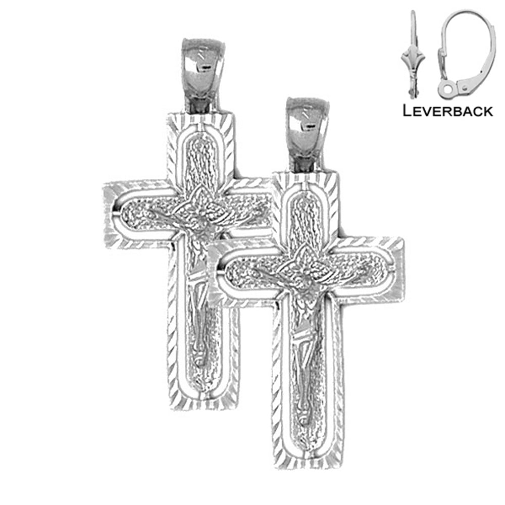 Sterling Silver 37mm Routed Crucifix Earrings (White or Yellow Gold Plated)