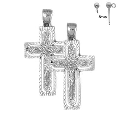 Sterling Silver 37mm Routed Crucifix Earrings (White or Yellow Gold Plated)