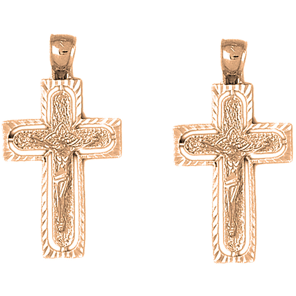 14K or 18K Gold 37mm Routed Crucifix Earrings