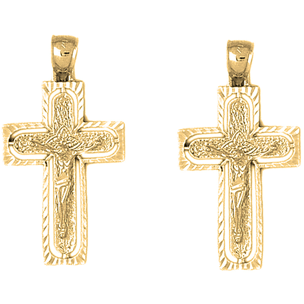 Yellow Gold-plated Silver 37mm Routed Crucifix Earrings