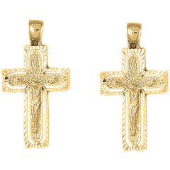 Yellow Gold-plated Silver 37mm Routed Crucifix Earrings