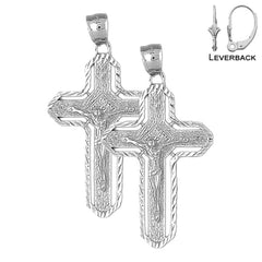 Sterling Silver 48mm Routed Crucifix Earrings (White or Yellow Gold Plated)