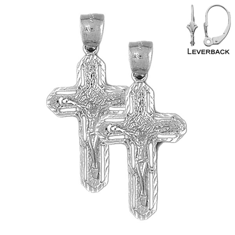 Sterling Silver 38mm Routed Crucifix Earrings (White or Yellow Gold Plated)