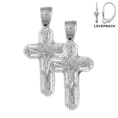 Sterling Silver 38mm Routed Crucifix Earrings (White or Yellow Gold Plated)