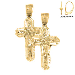 Sterling Silver 38mm Routed Crucifix Earrings (White or Yellow Gold Plated)