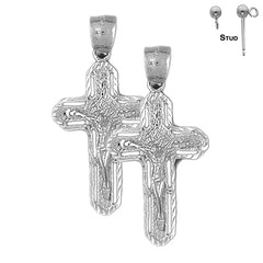 Pendientes de crucifijo enrutado de plata de ley de 38 mm (chapados en oro blanco o amarillo)