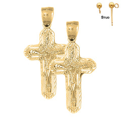 Sterling Silver 38mm Routed Crucifix Earrings (White or Yellow Gold Plated)