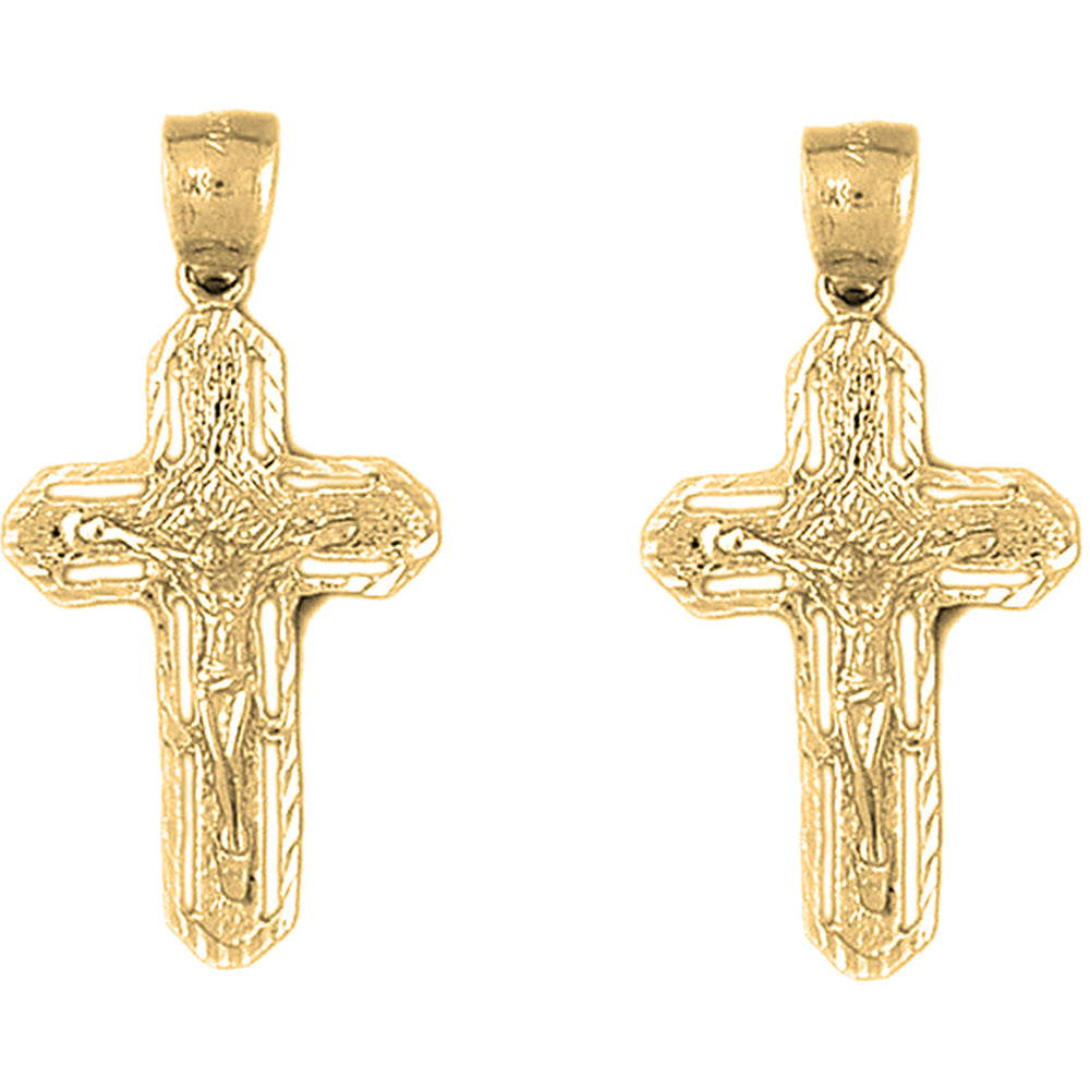 Yellow Gold-plated Silver 38mm Routed Crucifix Earrings
