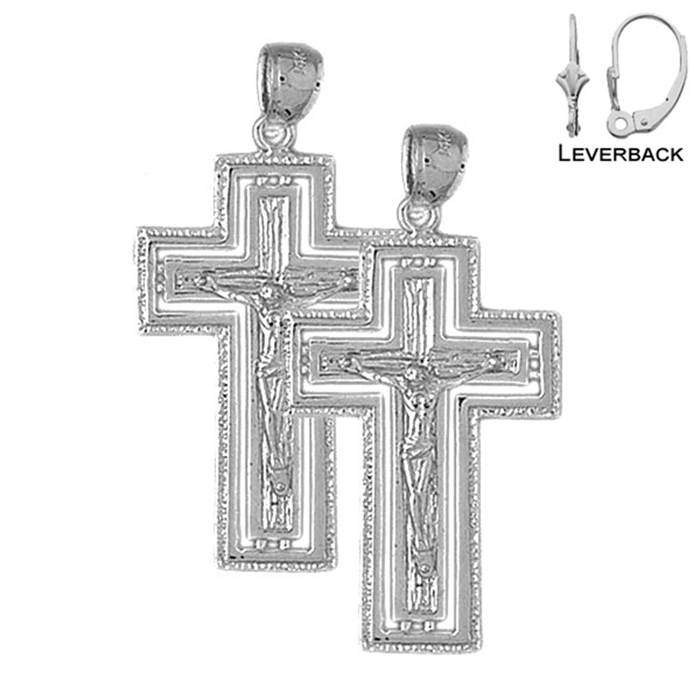 Sterling Silver 42mm Routed Crucifix Earrings (White or Yellow Gold Plated)