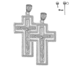 Sterling Silver 42mm Routed Crucifix Earrings (White or Yellow Gold Plated)