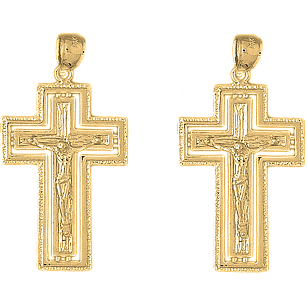 Yellow Gold-plated Silver 42mm Routed Crucifix Earrings
