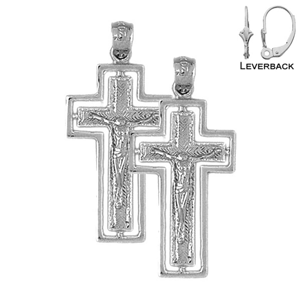 Sterling Silver 36mm Routed Crucifix Earrings (White or Yellow Gold Plated)