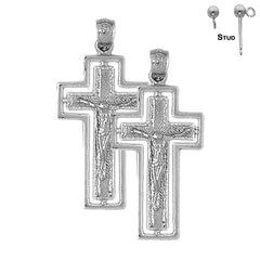 Pendientes de crucifijo enrutado de plata de ley de 36 mm (chapados en oro blanco o amarillo)