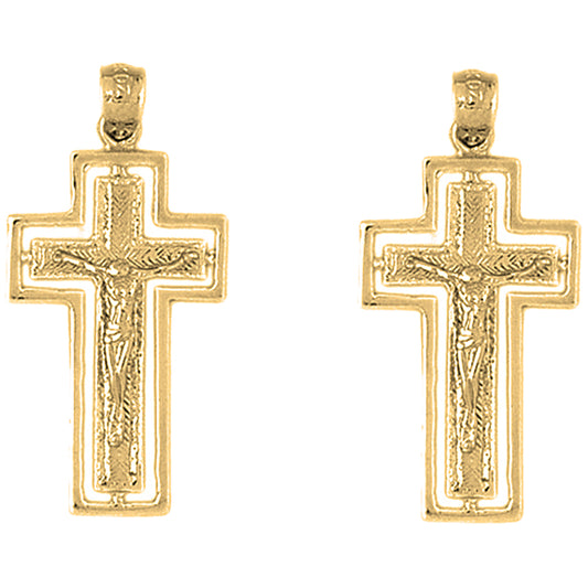 Yellow Gold-plated Silver 36mm Routed Crucifix Earrings