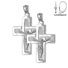 Pendientes de crucifijo latino de plata de ley de 44 mm (chapados en oro blanco o amarillo)