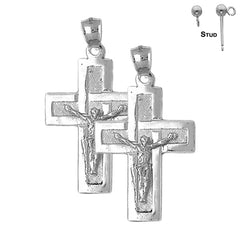 Sterling Silver 44mm Latin Crucifix Earrings (White or Yellow Gold Plated)