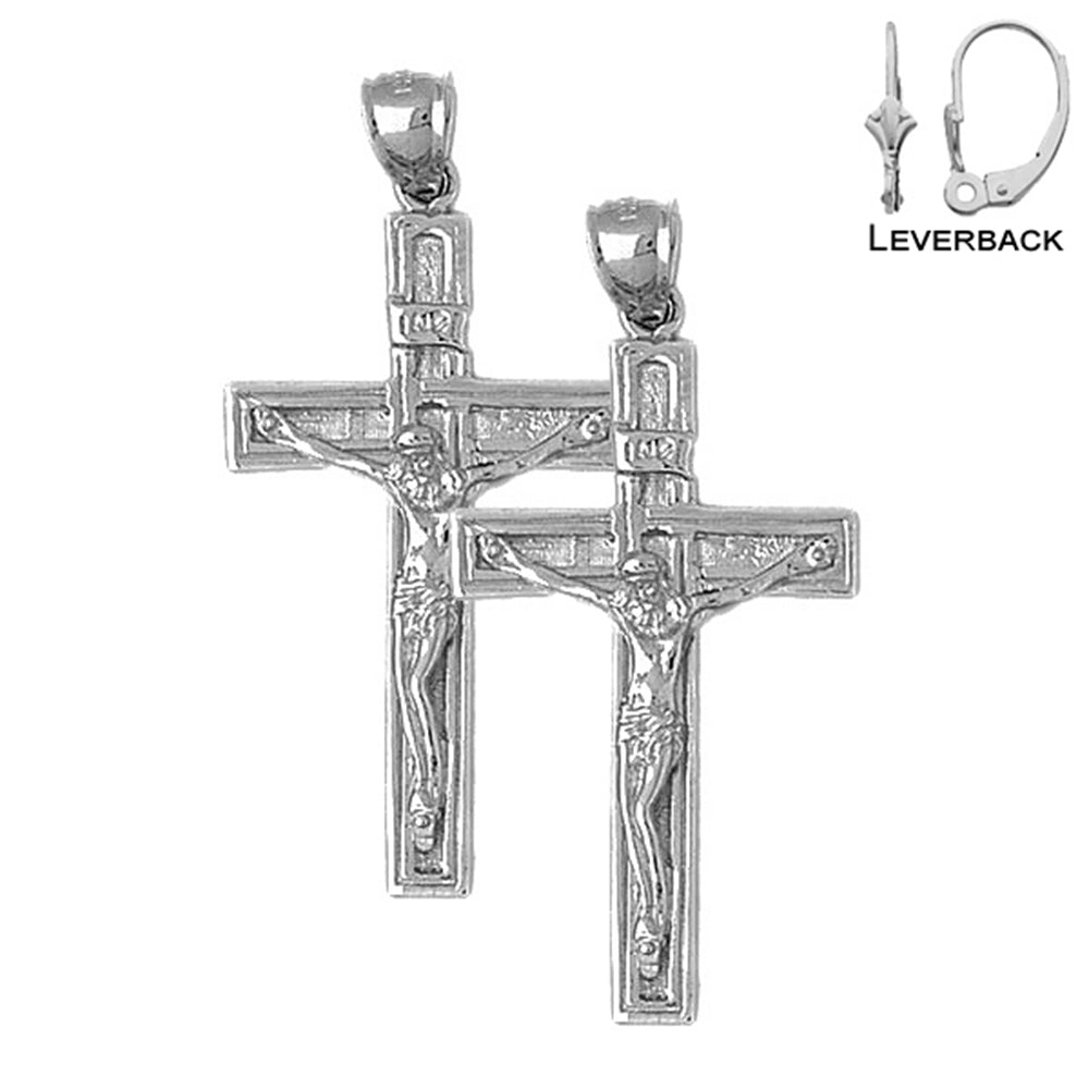Sterling Silver 50mm INRI Crucifix Earrings (White or Yellow Gold Plated)