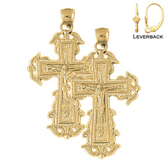 Sterling Silver 51mm Budded Crucifix Earrings (White or Yellow Gold Plated)
