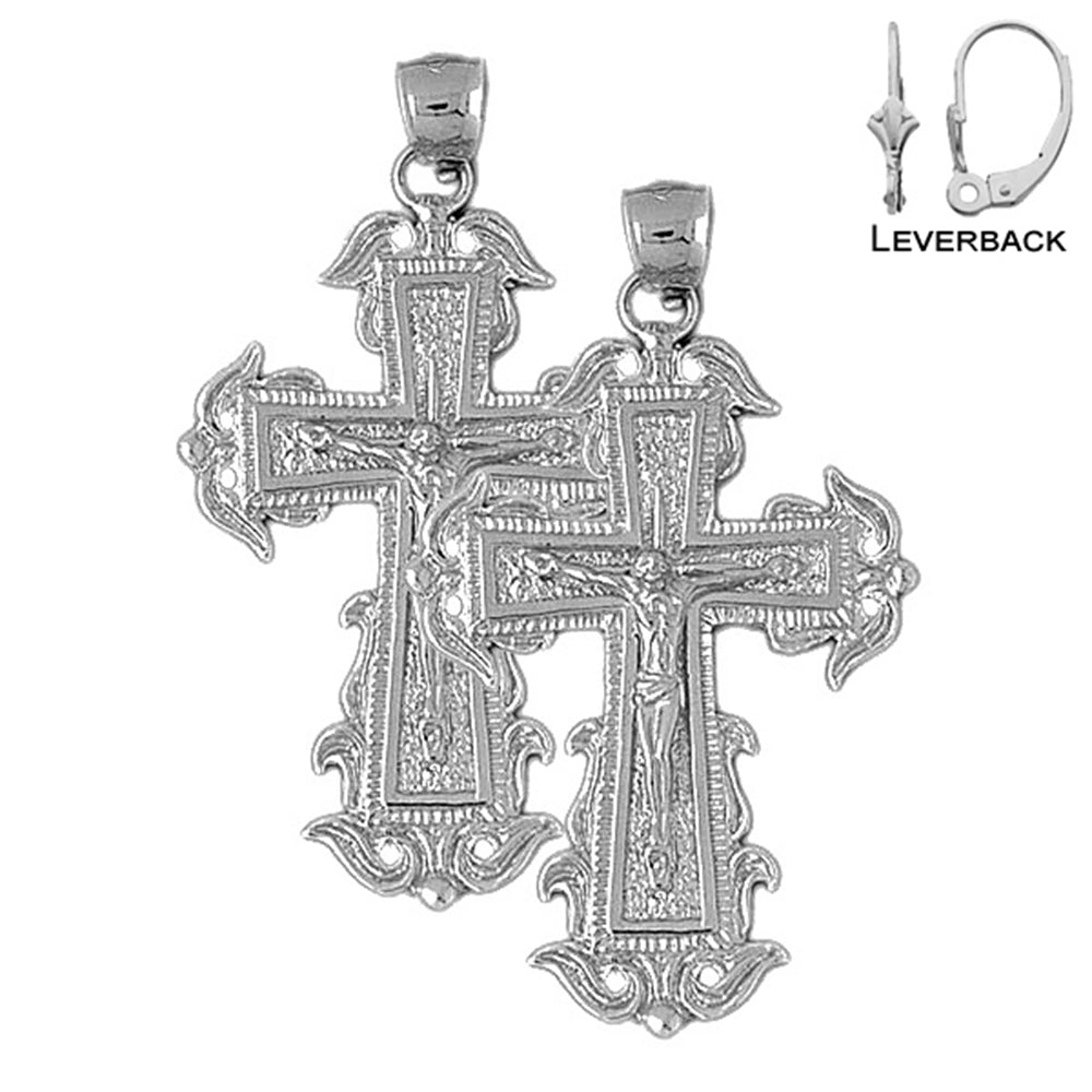 Sterling Silver 51mm Budded Crucifix Earrings (White or Yellow Gold Plated)