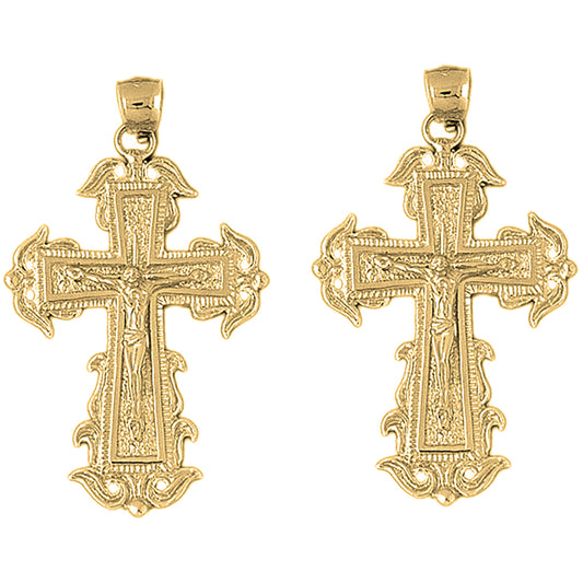Yellow Gold-plated Silver 51mm Budded Crucifix Earrings