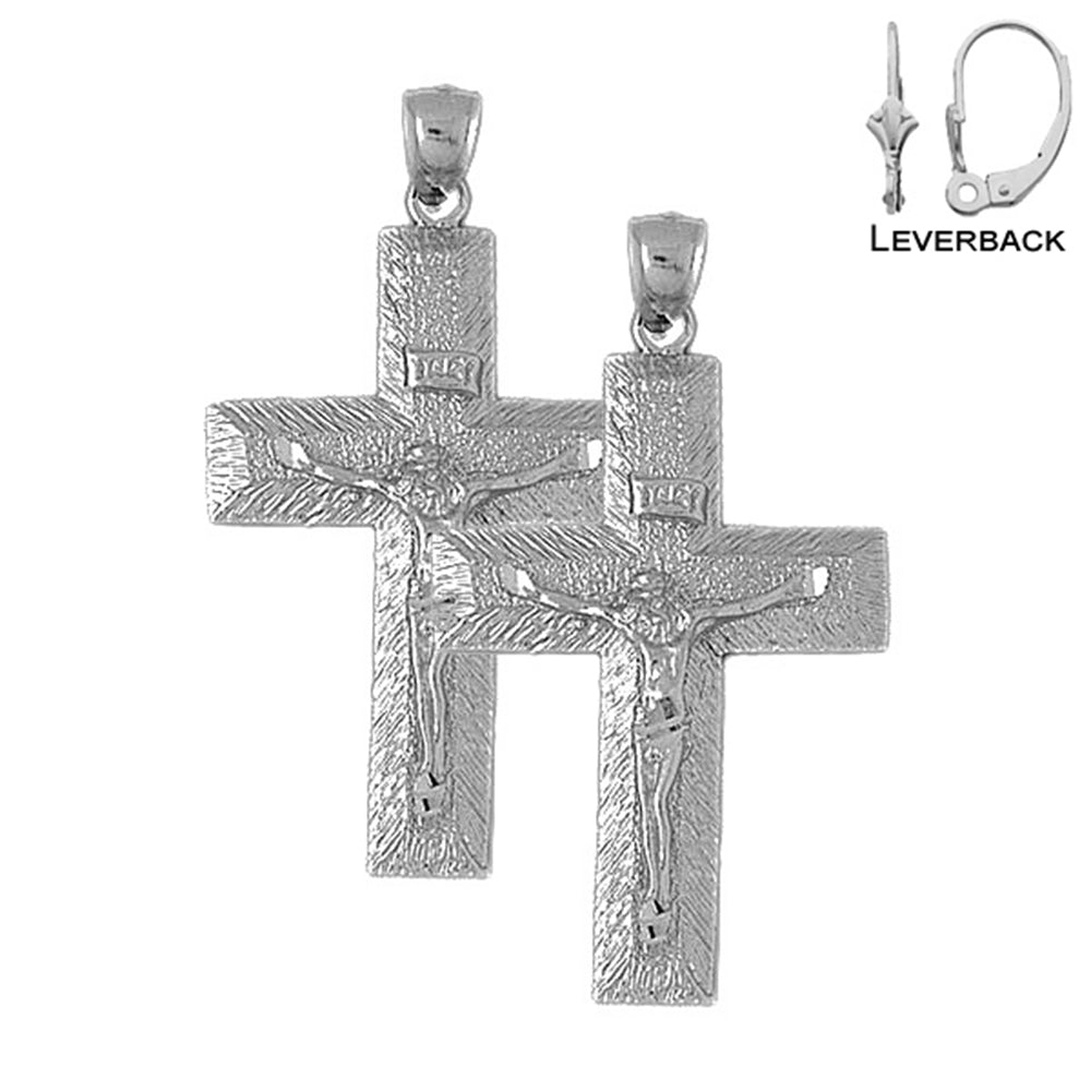 Sterling Silver 53mm INRI Crucifix Earrings (White or Yellow Gold Plated)