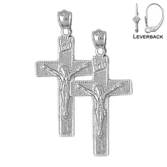 Sterling Silver 34mm INRI Crucifix Earrings (White or Yellow Gold Plated)