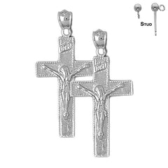 Sterling Silver 34mm INRI Crucifix Earrings (White or Yellow Gold Plated)