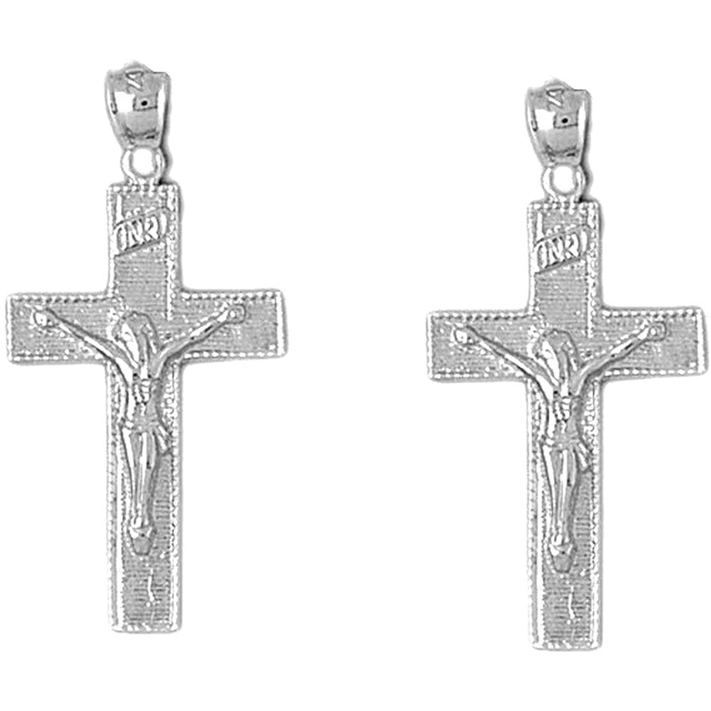 Sterling Silver 34mm INRI Crucifix Earrings