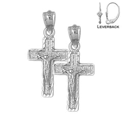 Sterling Silver 26mm Latin Crucifix Earrings (White or Yellow Gold Plated)