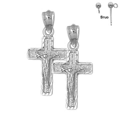 Pendientes de crucifijo latino de plata de ley de 26 mm (chapados en oro blanco o amarillo)