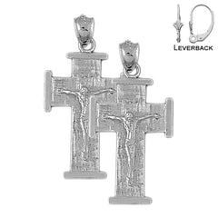 Sterling Silver 37mm Teutonic Crucifix Earrings (White or Yellow Gold Plated)