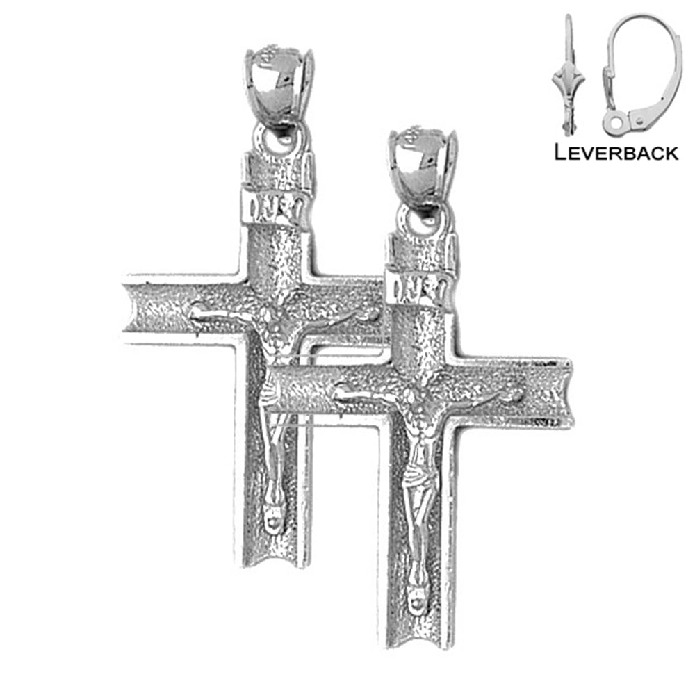 Sterling Silver 37mm INRI Crucifix Earrings (White or Yellow Gold Plated)