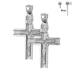 Sterling Silver 37mm INRI Crucifix Earrings (White or Yellow Gold Plated)