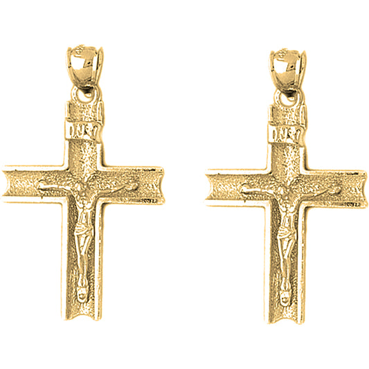Yellow Gold-plated Silver 37mm INRI Crucifix Earrings