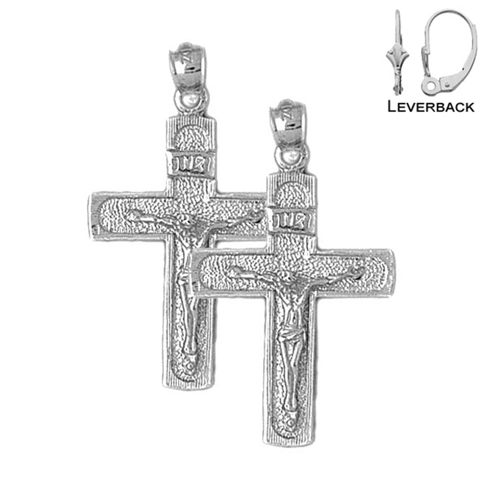 Sterling Silver 35mm INRI Crucifix Earrings (White or Yellow Gold Plated)