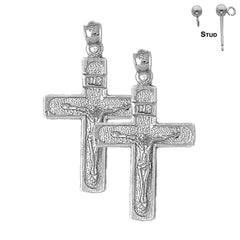 Sterling Silver 35mm INRI Crucifix Earrings (White or Yellow Gold Plated)