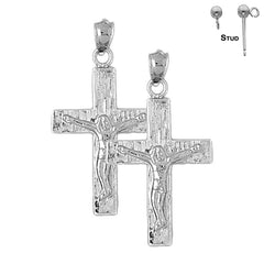 Pendientes de crucifijo latino de plata de ley de 34 mm (chapados en oro blanco o amarillo)